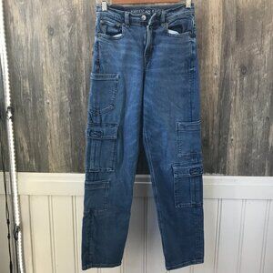American Eagle super high-rise baggy straight cargo denim jean size 00